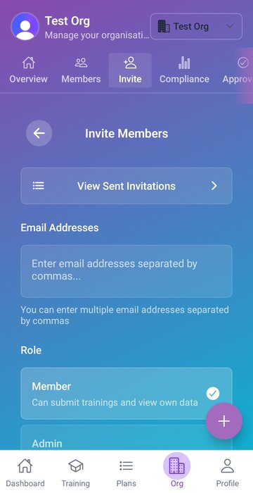 Invite members screen showing email input field, role selection for Member or Admin