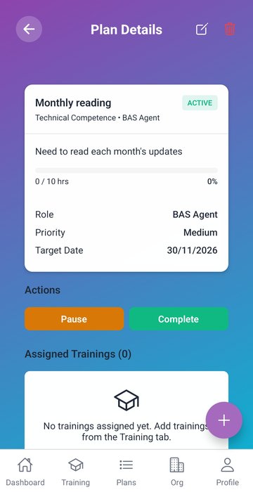 Plan details screen showing target hours, progress bar, role, priority, and assigned trainings
