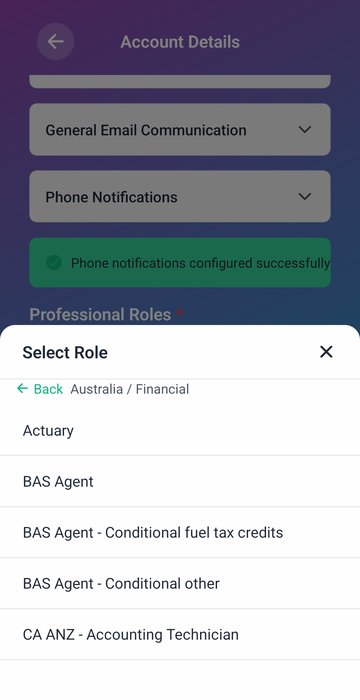 Role selection screen showing professional roles categorised by country and industry
