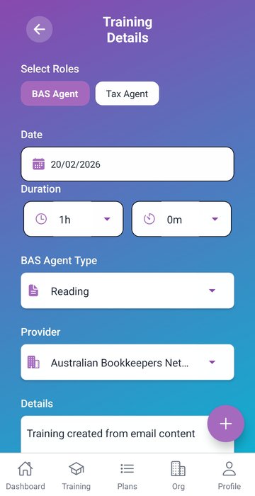 Training details form showing role selection, date, duration, type, provider, and details fields